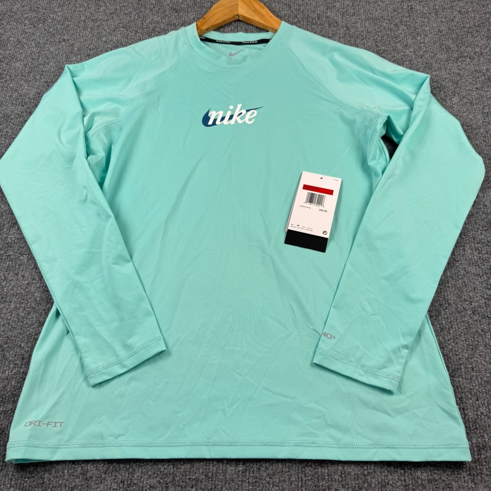Nike Rash Guard Mens Large Aqua New Long Sleeve Dri-FIT UPF 40+ NESSG376-468